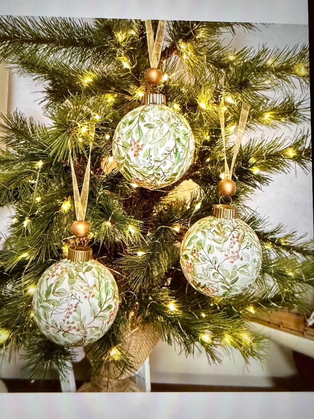 White Green Gold Christmas Foilage Ornament, Handmade Toile Decoupage
